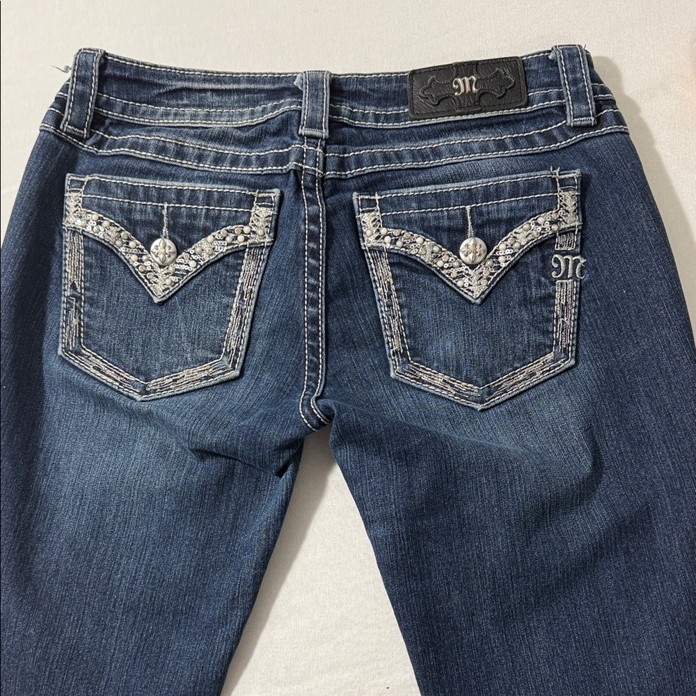 Miss Me Women's Blue Jeans bejeweled front and back pockets. Size 28 Boot